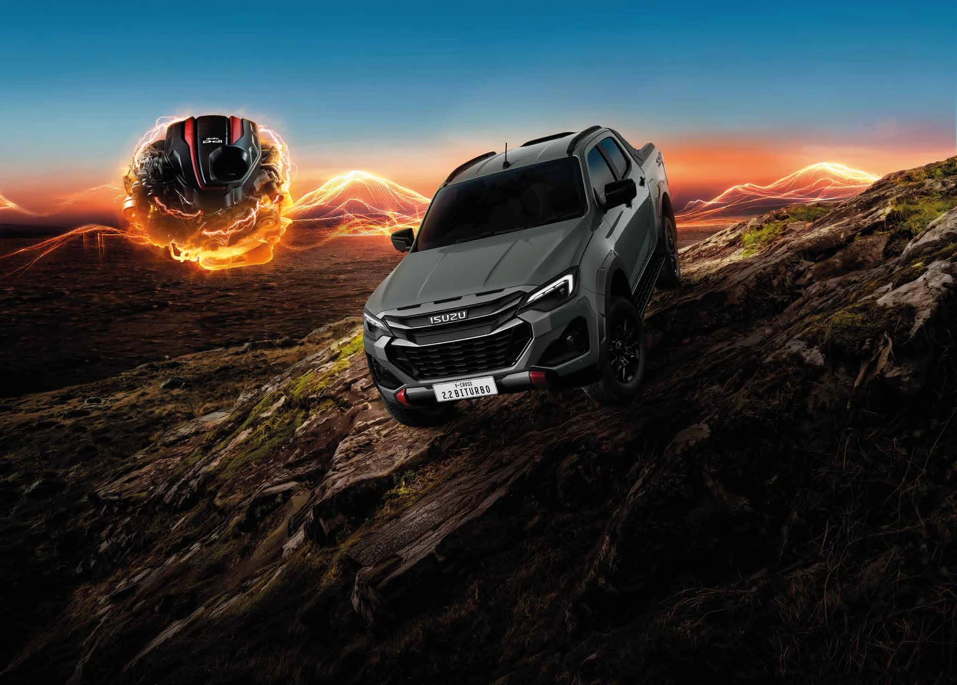 V-Cross Biturbo บนภูมิประเทศออฟโรด พร้อมภาพกราฟิกเครื่องยนต์จากโบรชัวร์